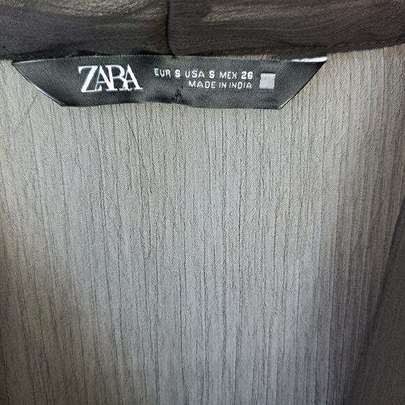 Zara Black Chiffon Tie Neck Top Size Small Balloon Sleeve Sheer Lace - Picture 6 of 9